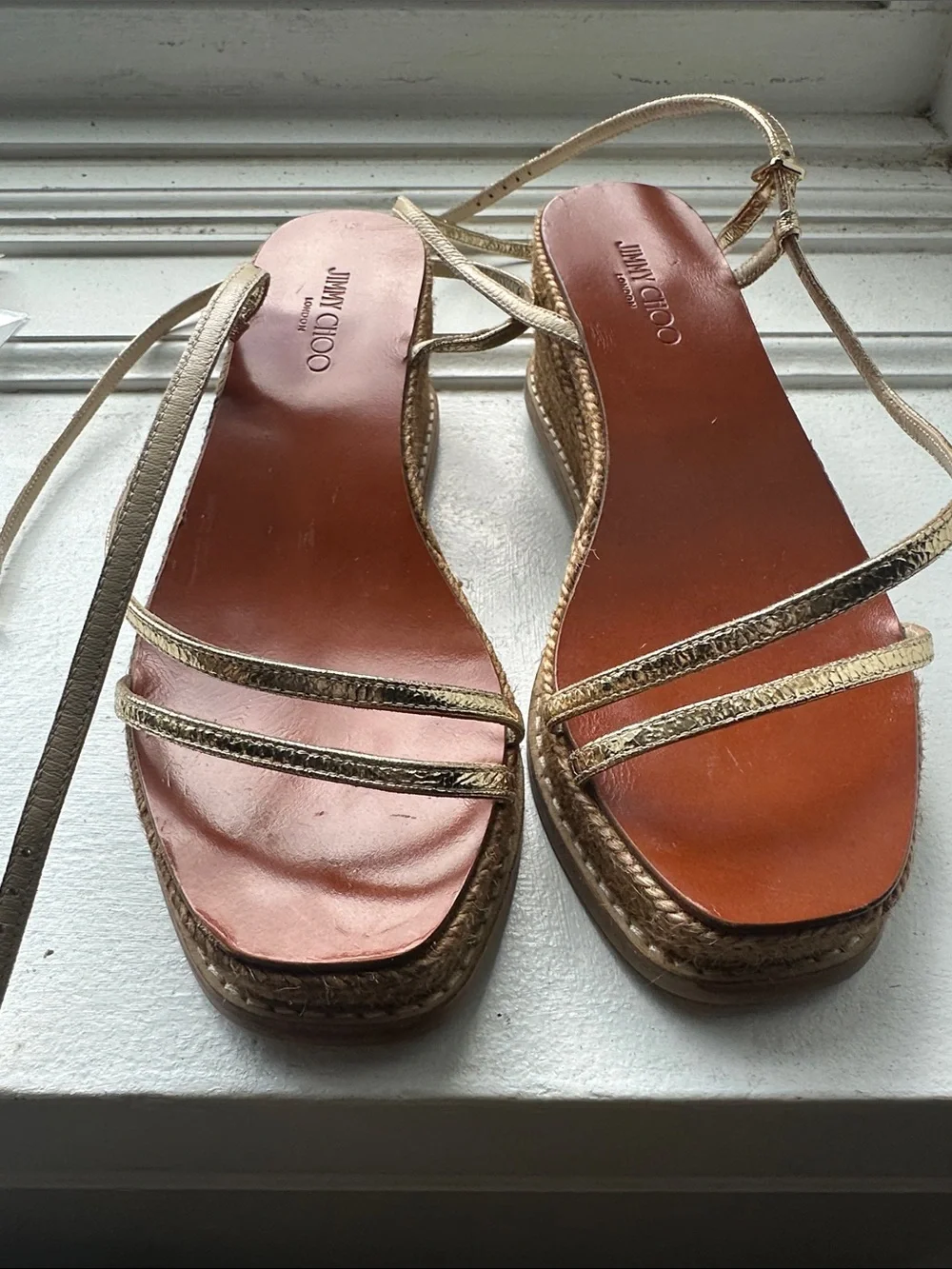 Jimmy Choo Gold Metallic Espadrille Wedge Sandal with Ankle Tie